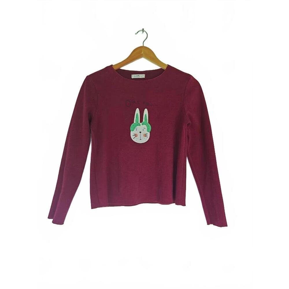 Cute Burgundy Graphic Sweater with Kawaii Bunny Women’s Long Sleeve Pullover